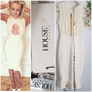 NWT House of CB Dress Size XS Bridal Stretch  Bandage Cream Ivory Lace Old Money